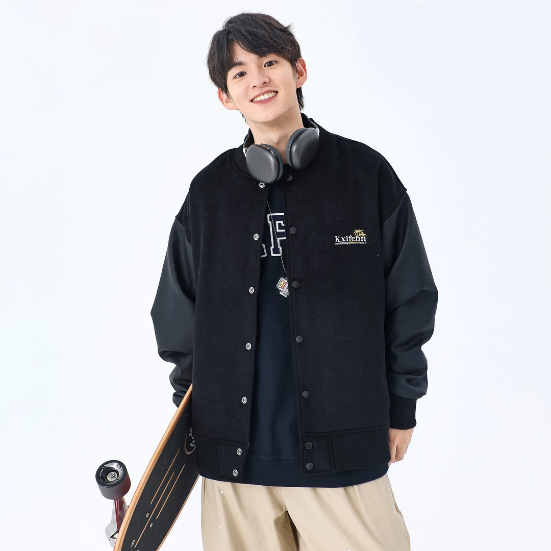 KXLFCHN空穴来风 PU皮拼接棒球服男女冬季加厚夹克棉衣外套