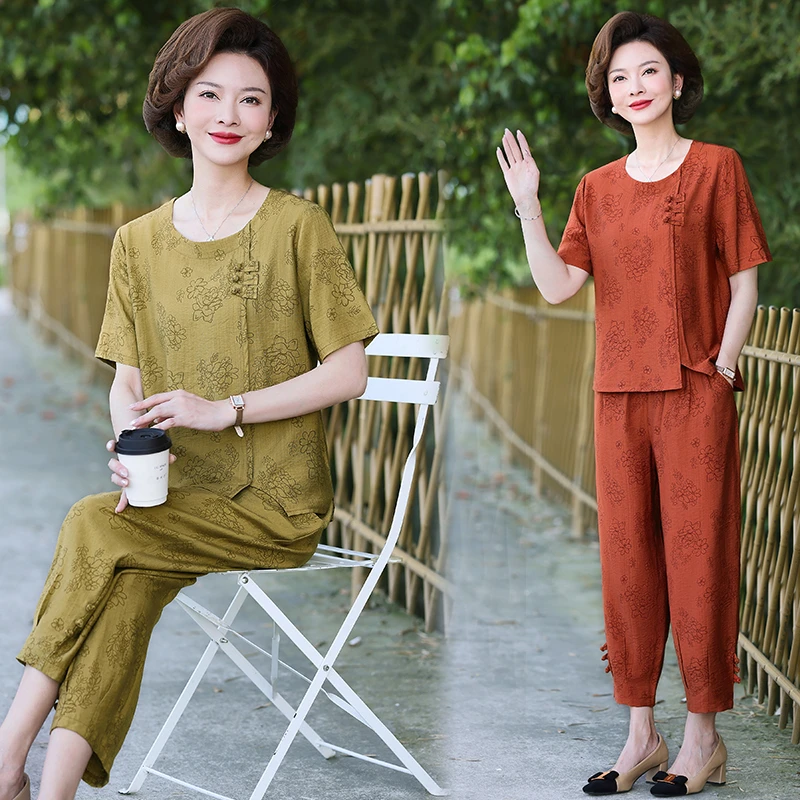 夏季时尚短袖套装洋气气质显瘦宽松减龄妈妈装新中式两件套