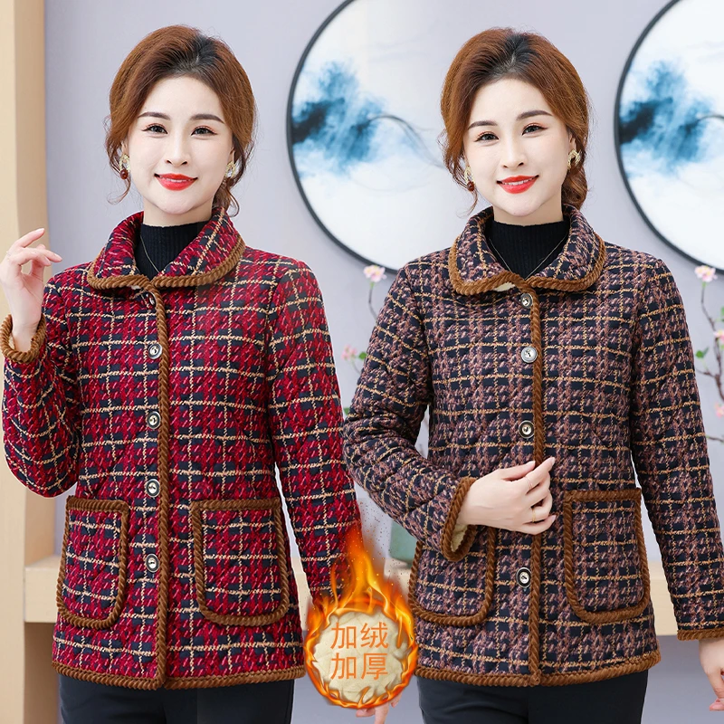 秋冬新款中老年妈妈装加绒加厚时尚洋气娃娃领棉袄外套