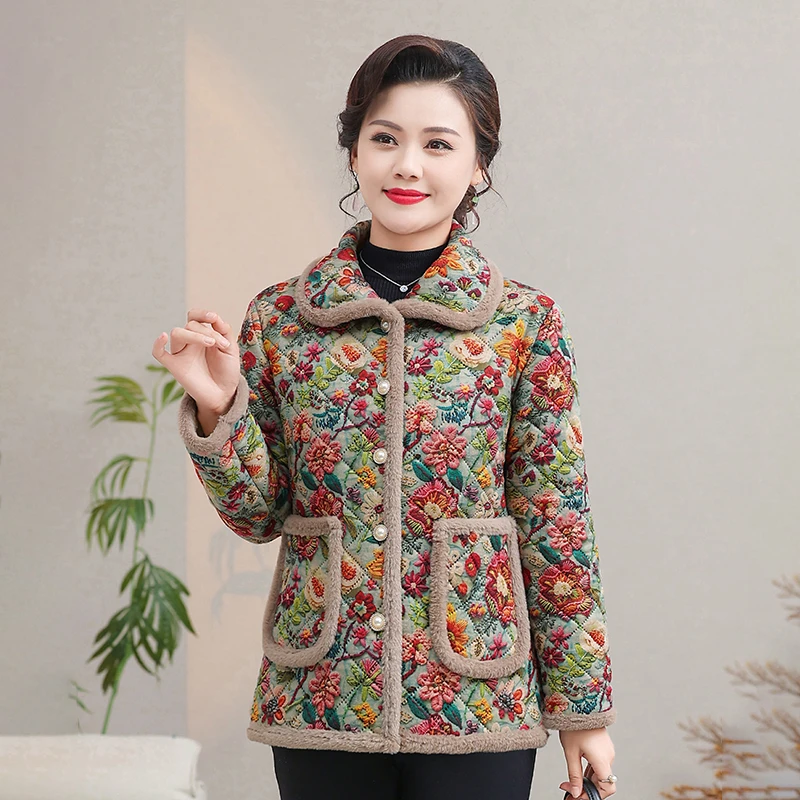 秋冬新款洋气国风气质小棉衣妈妈装加绒加厚时尚保暖棉袄外套