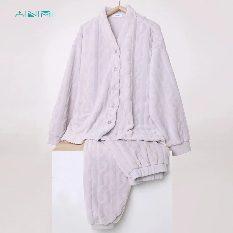 AINIMI珊瑚绒睡衣女秋冬加厚开衫长袖长裤分身家居套装