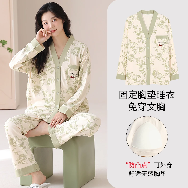 新款和服棉质女士睡衣套装休闲简约可外穿家居服带胸垫