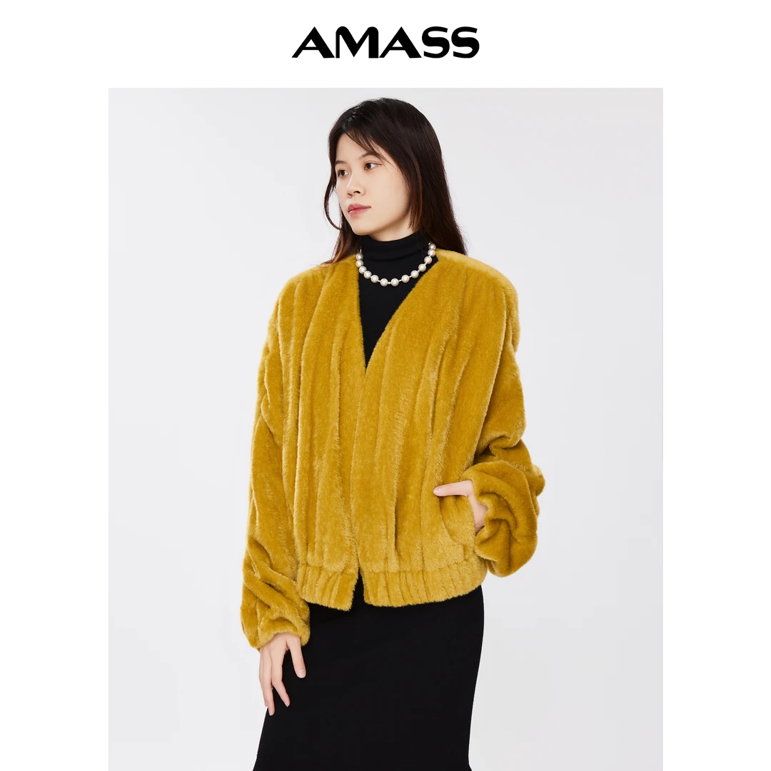 AMASS/阿玛施V领宽松软糯毛茸茸休闲外套时尚秋冬澳毛大衣5400667