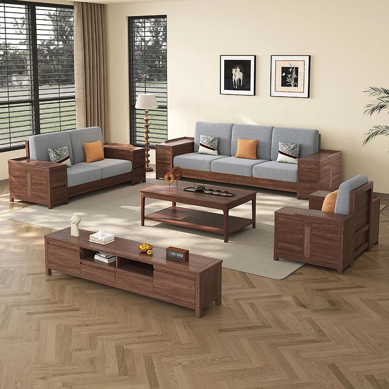 现代中式黑胡桃沙发组合家用别墅客厅大小户型高箱储物全实木沙发