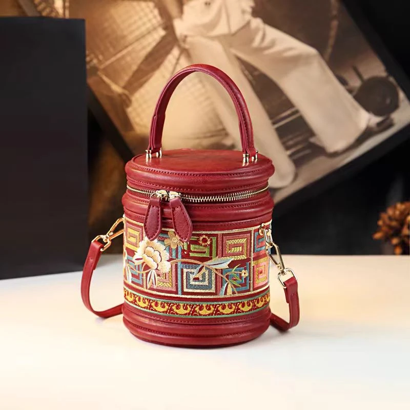 国风绣花水桶包包新款圆筒包小众设计手提包单肩斜挎女包小包