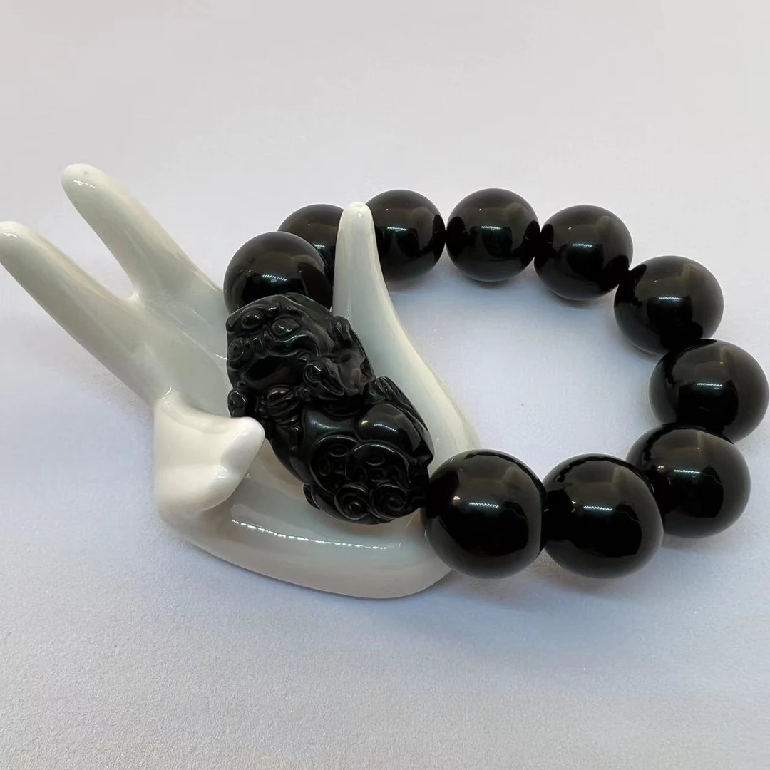 天然黑耀红耀手链男士单圈貔貅气质手工珠珠霸气黑曜石玉手串冰彩
