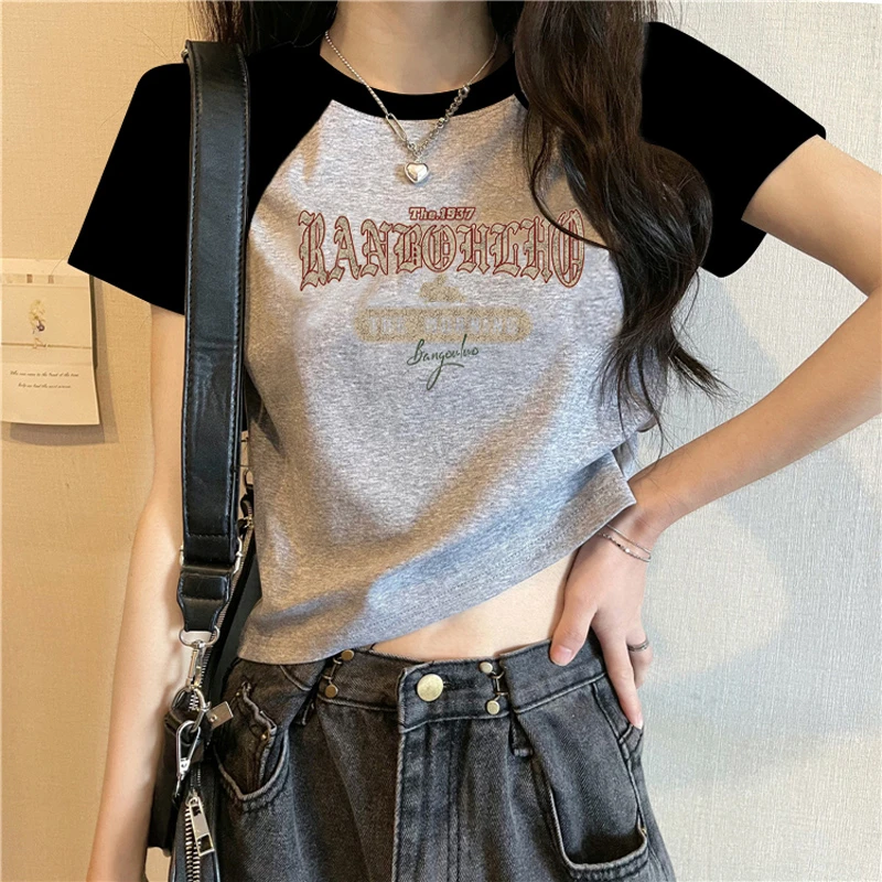 t恤女款2023款洋气时尚短款印花夏季修身甜辣风上衣辣妹装百搭ins