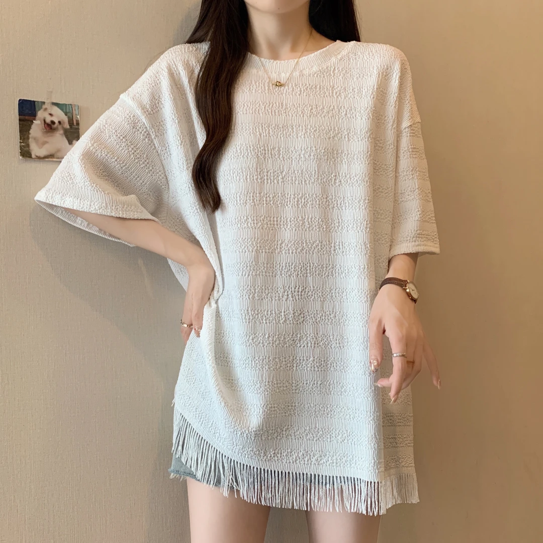 大码女装圆领流苏下摆宽松T恤夏季新款遮肚子显瘦中长款百搭上衣