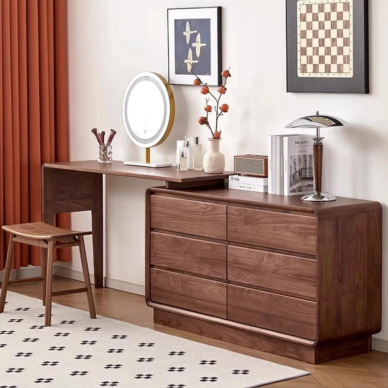 北美黑胡桃木梳妆台一体卧室简约高级伸缩书桌多功能实木收纳斗柜