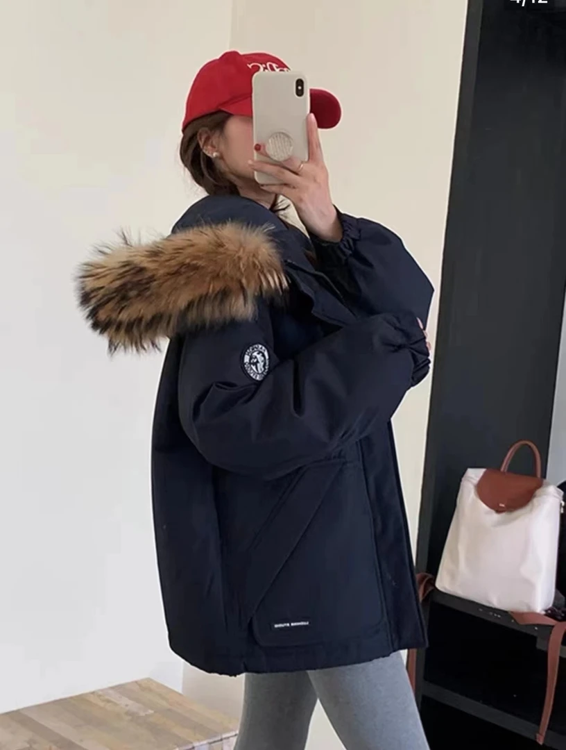 新款工装羽绒服女大毛领韩版小个子白鸭绒加厚休闲派克服羽绒服