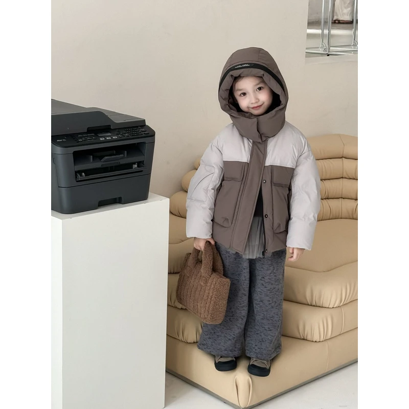 2024冬季短款拼色连帽立领羽绒服外套7629