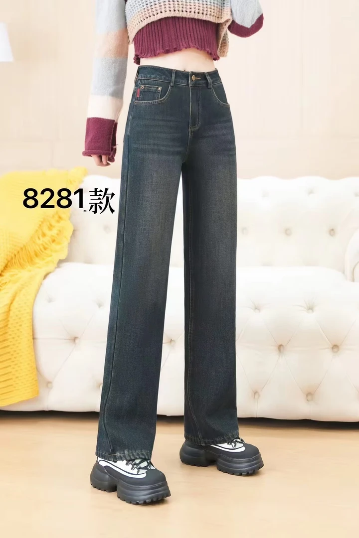 绝色玫瑰窄版加绒直筒牛仔裤