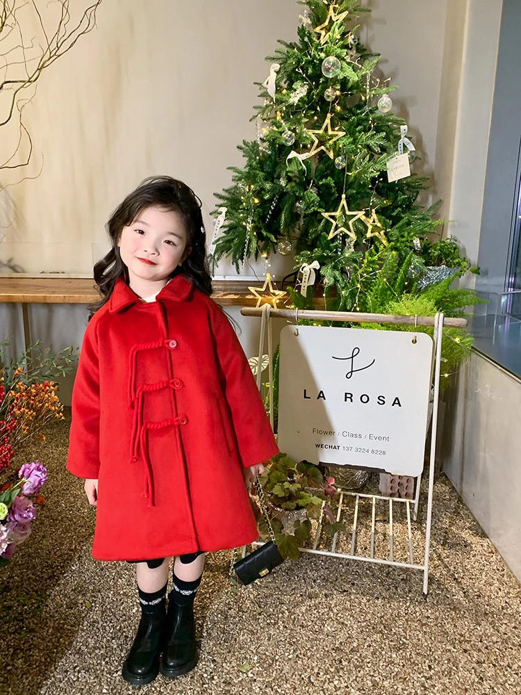 清仓！拉萨发货女童A字版加厚外套甜美百搭韩版红色喜庆中长款大衣