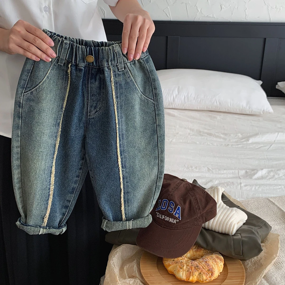 拉萨发货 儿童牛仔裤2025秋季韩版休闲裤拼接洋气百搭宽松裤子