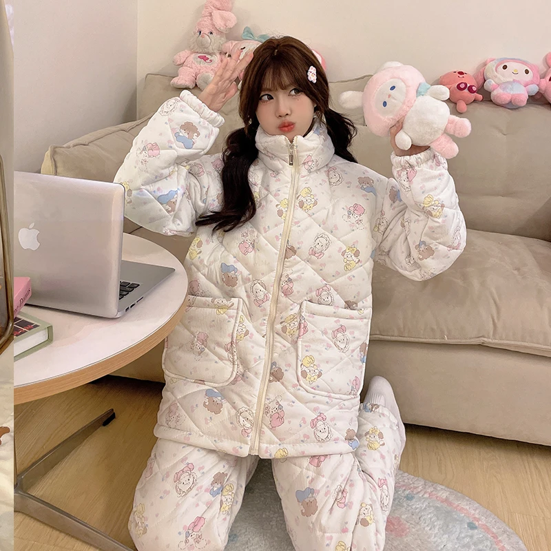 珊瑚绒睡衣女冬季三层夹棉袄秋冬款加厚加绒冬天保暖法兰绒家居服