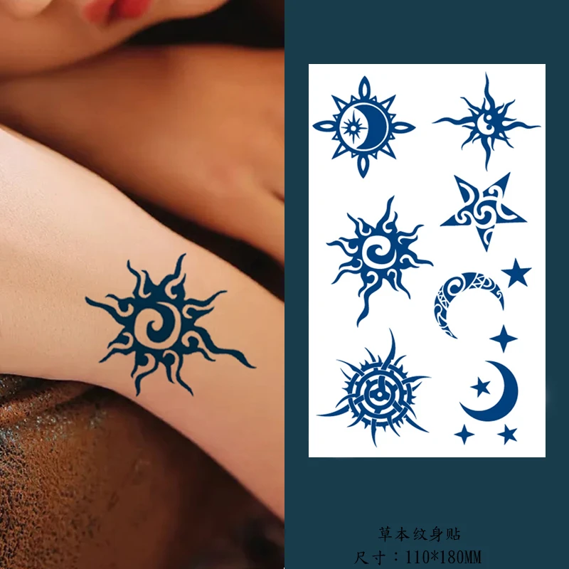 【2张 14个图】个性创意草本纹身贴 图腾月亮星星防水防搓不反光