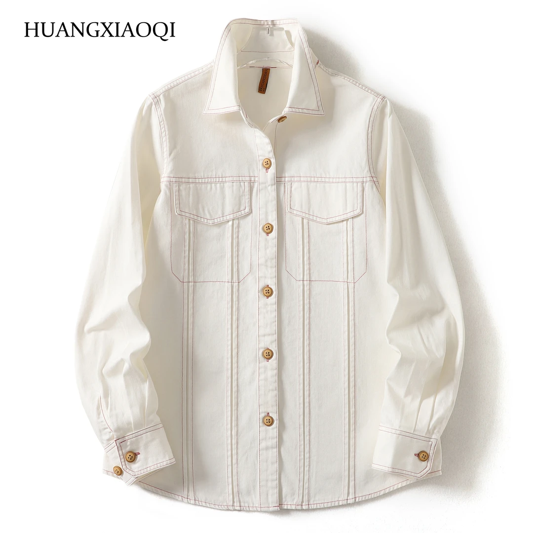 Huangxiaoqi Cowboy春秋外套女时尚新款明线宽松百搭衬衫8902-1