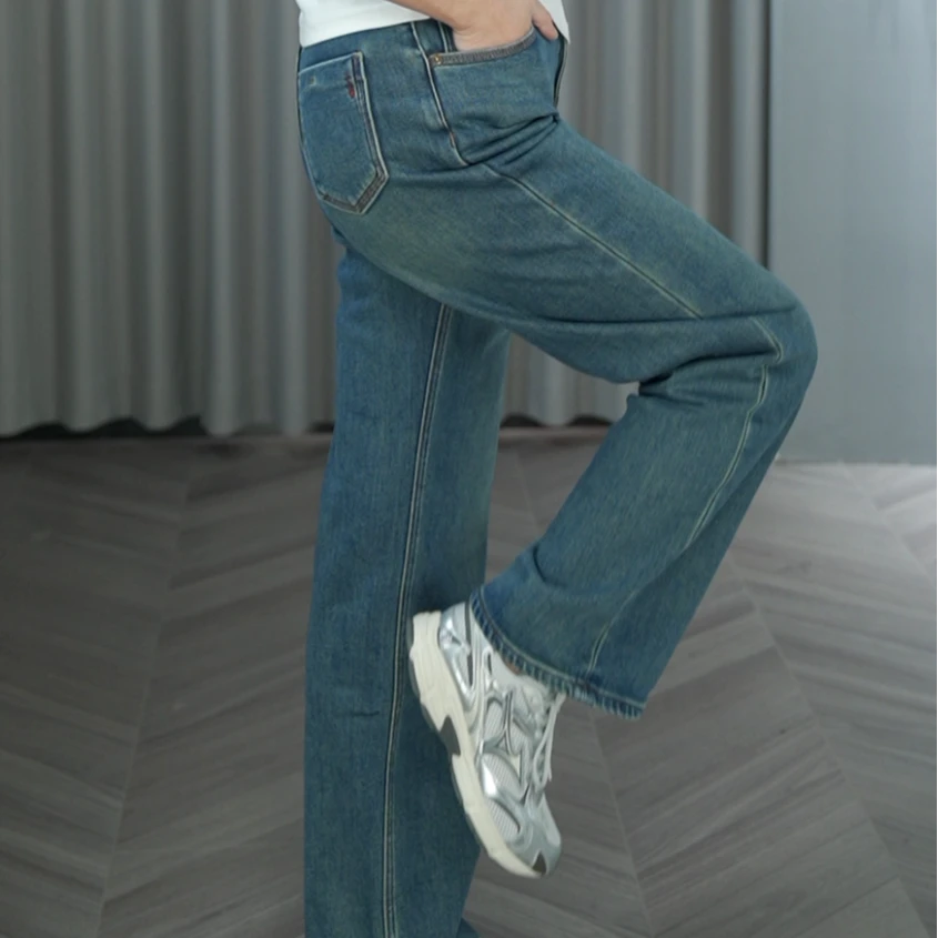 植绒牛仔裤女红人上新时尚百搭直筒裤水洗加绒长裤宽松显瘦5005