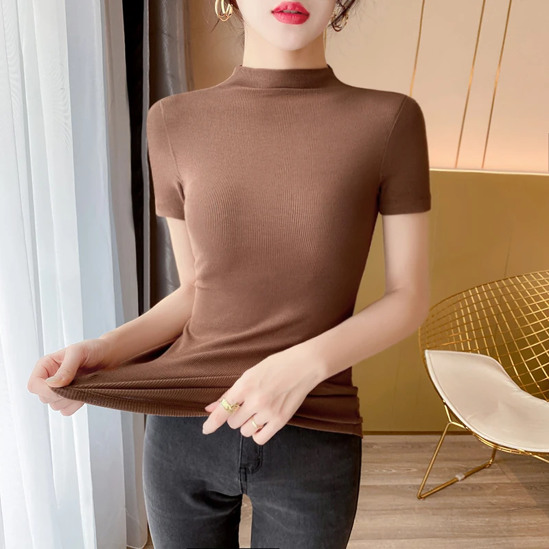半高立领螺纹春夏新款洋气纯色短袖女夏季修身百搭体恤打底上衣