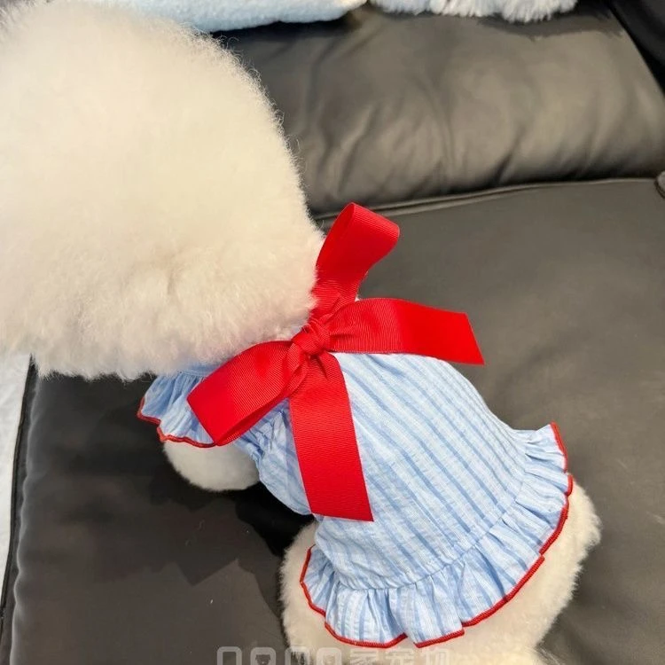 夏季薄款条纹大蝴蝶结飞袖吊带裙宠物比熊泰迪猫咪衣服小狗狗衣服