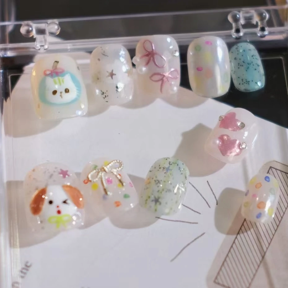 ins韩系手工穿戴甲水彩手绘蝴蝶狗