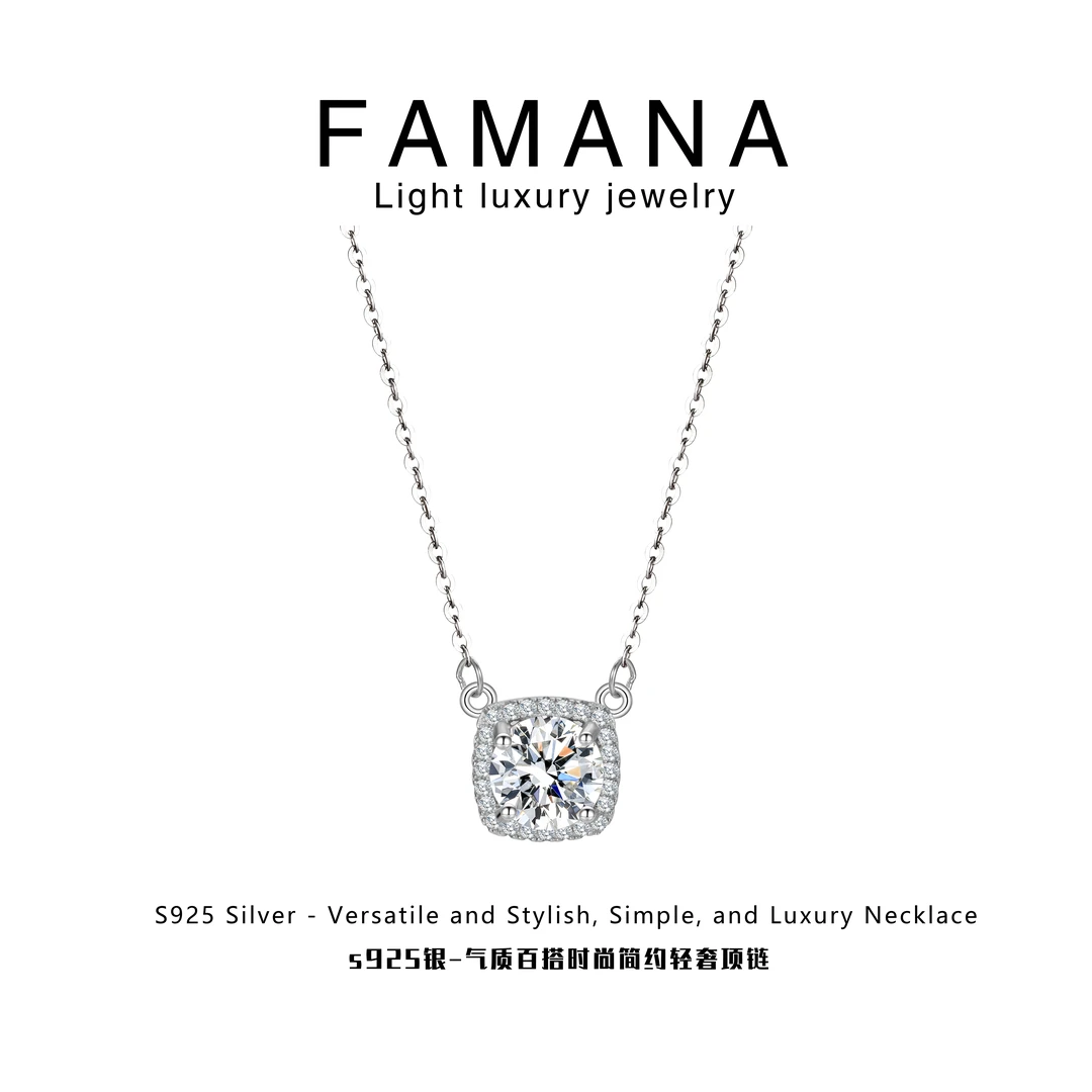 Famana/法曼娜 坠链均925银莫桑石 经典气质方包轻奢时尚项链