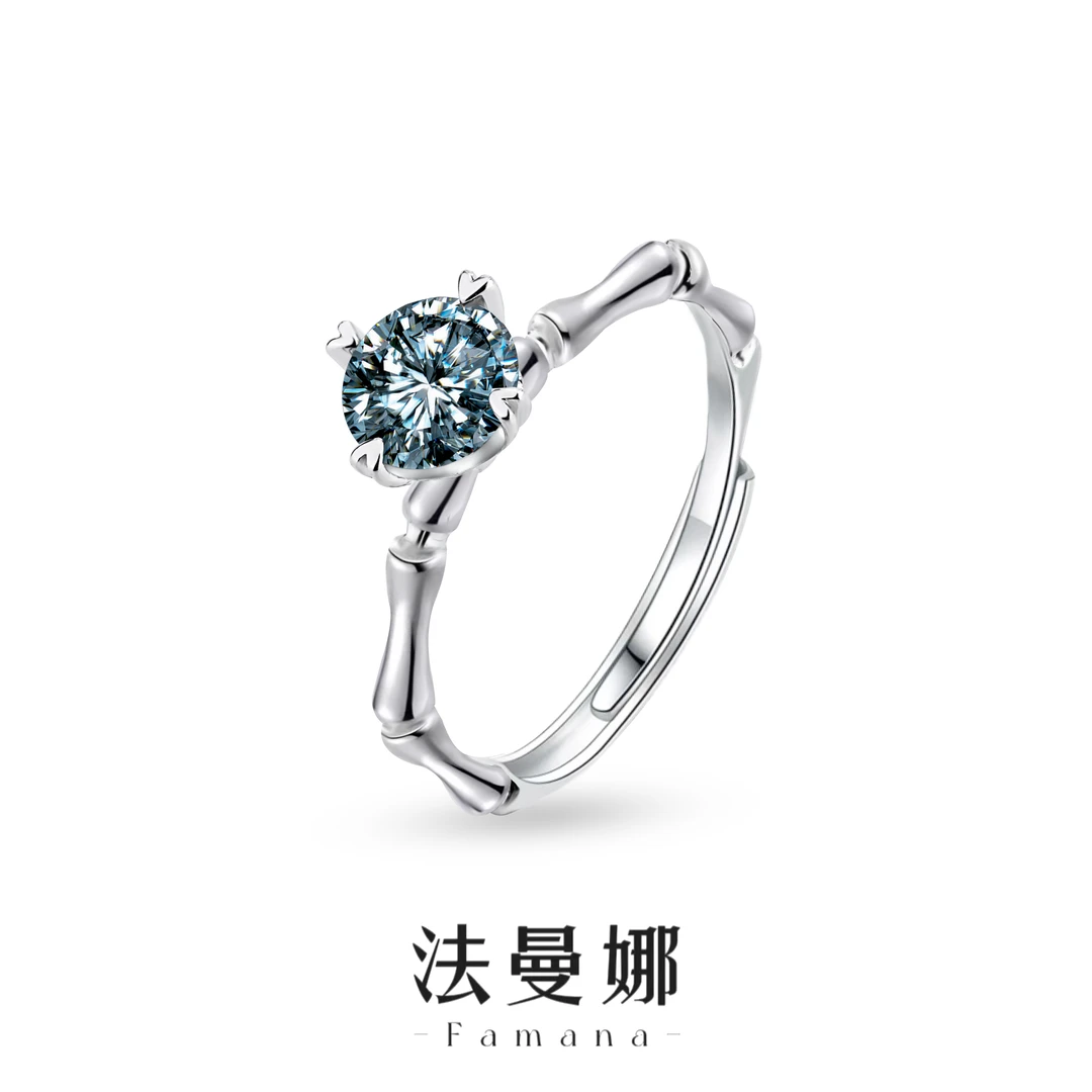 Famana/法曼娜 925银莫桑石戒指 心心相印竹节活口戒指时尚简约