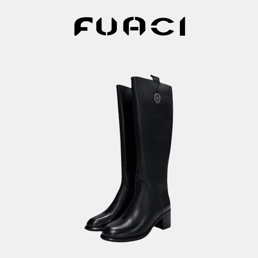 FUACI 女士经典黑色加绒高筒骑士靴