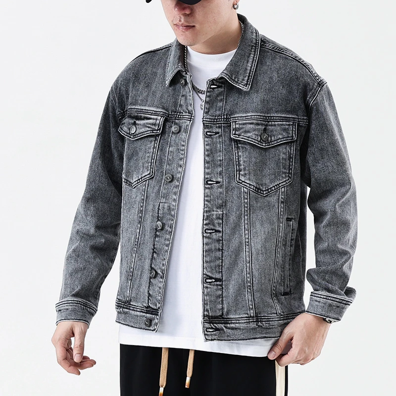 秋冬新款烟灰色牛仔外套男士夹克修身款韩版潮流弹力翻领百搭上衣