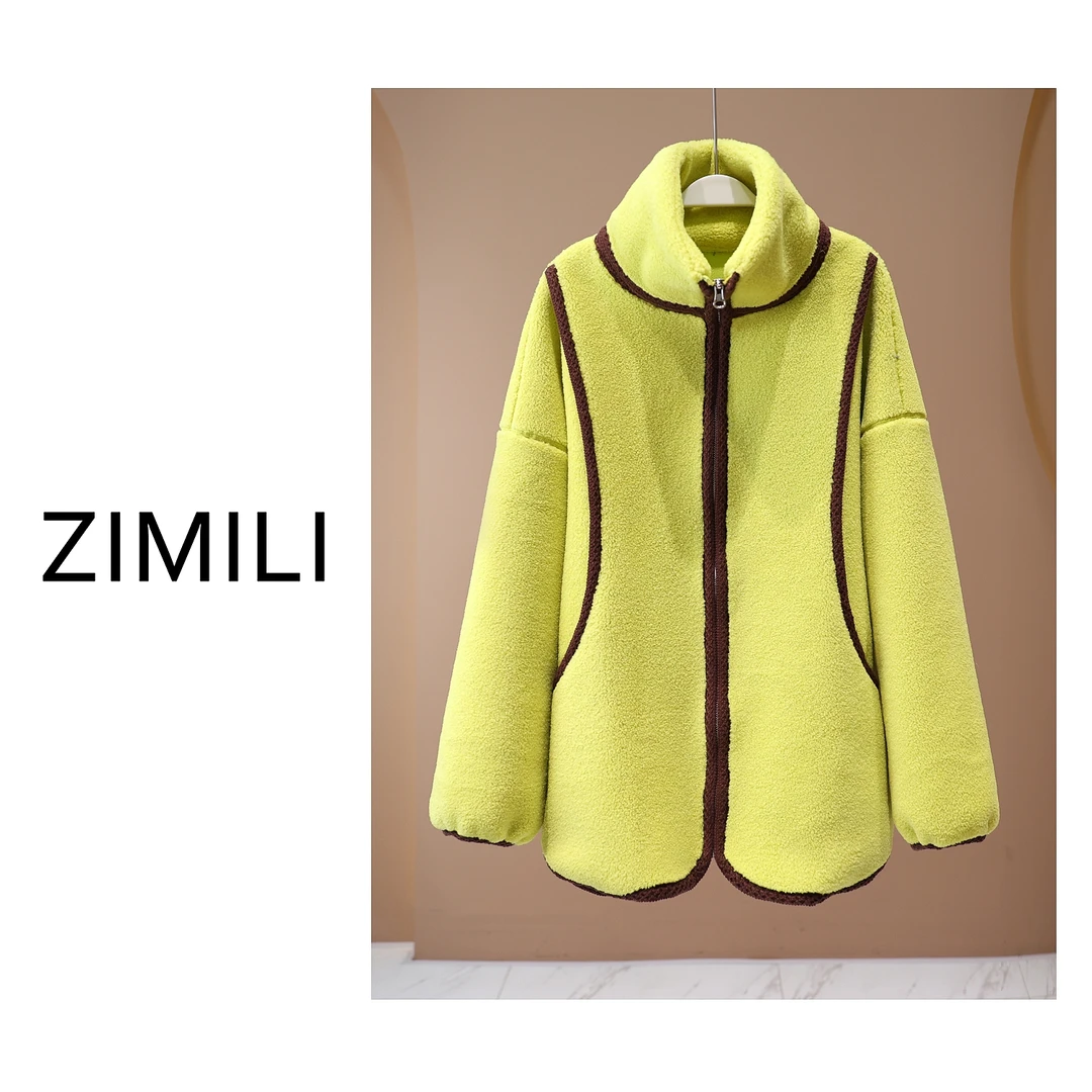 【LIANG哥女装】 冬季气质感秋黄绿撞色立领毛毛衣外套5192
