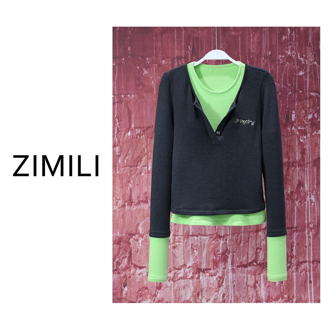 【亮哥女装】2025欧版莱赛尔轻薄深灰撞色假两件欧版上衣/5591