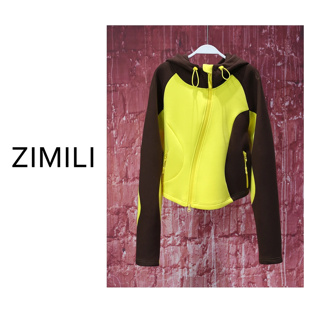 【LIANG哥女装】冬季个性欧货系列鹅黄咖啡撞色拼接连帽外套5586