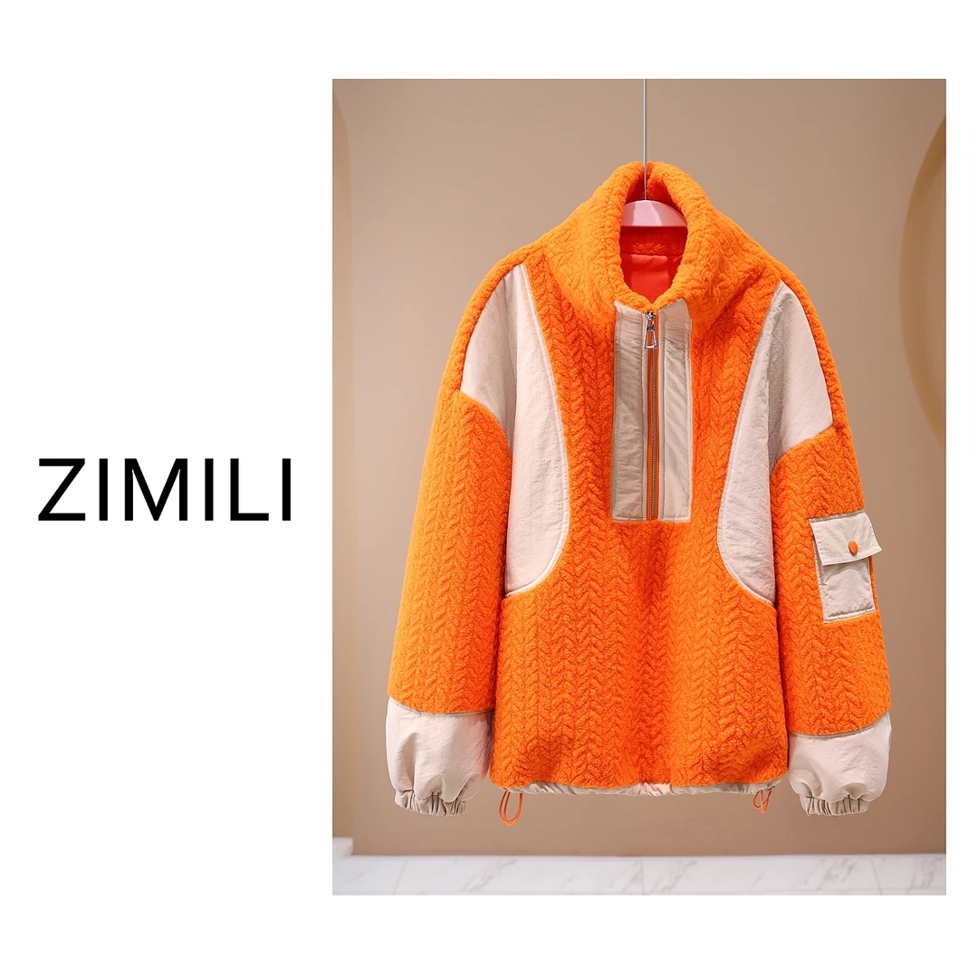 【LIANG哥女装】冬季小众设计款爱玛橙拼接立领毛毛衣外套/5118