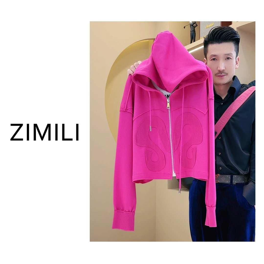 【亮哥女装】2025欧货小众设计欧版外套玫红色拼接连帽外套2747