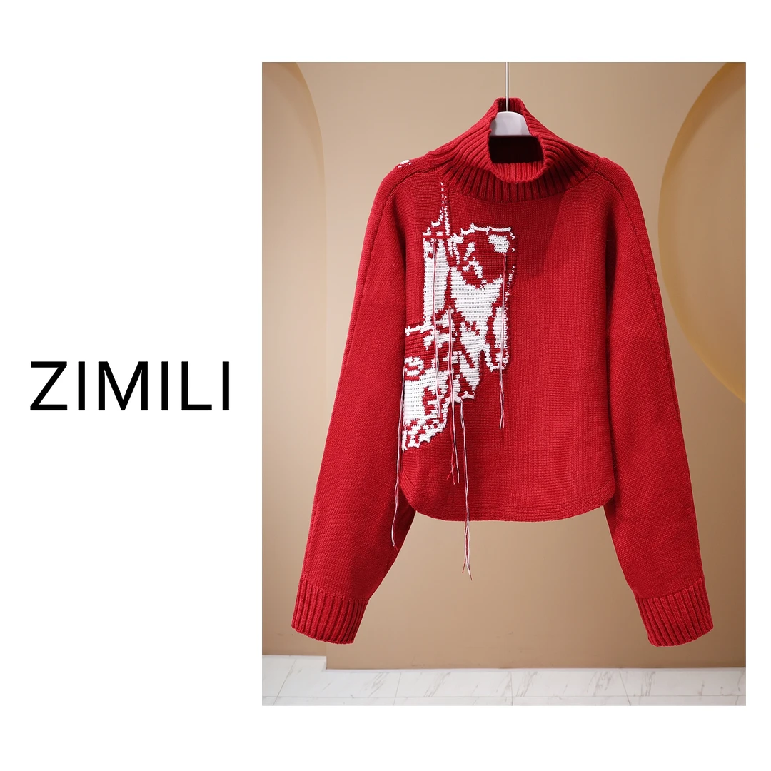 【LIANG哥女装】2024小众《高街时髦风》复古红刺绣高领欧版毛衣/5391