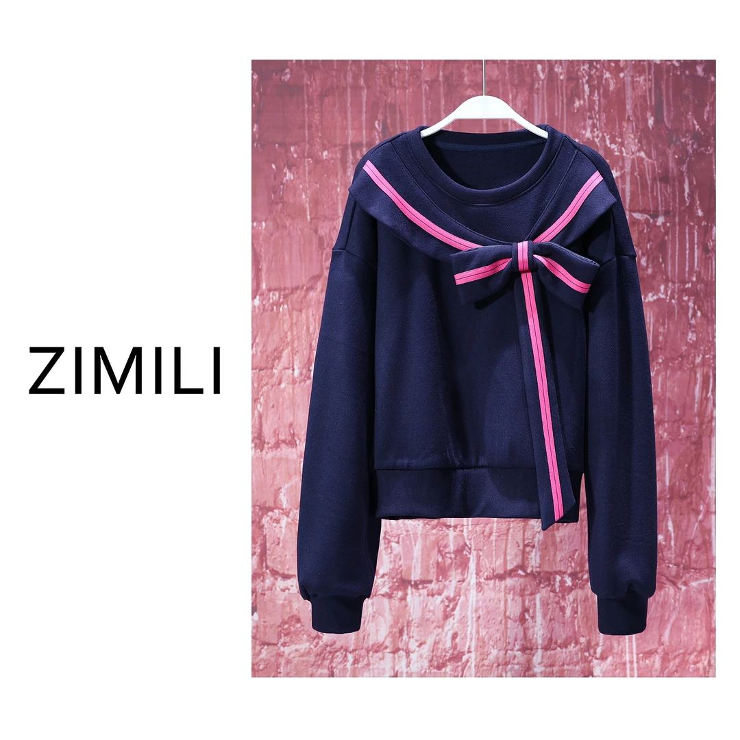 【LIANG哥女装】2024欧货减龄系列藏蓝色系带学院风圆领卫衣/5708