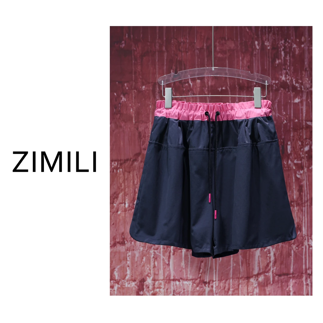 【亮哥女装】2025欧版藏蓝色透气高腰拼色阔腿短裤3926-H5