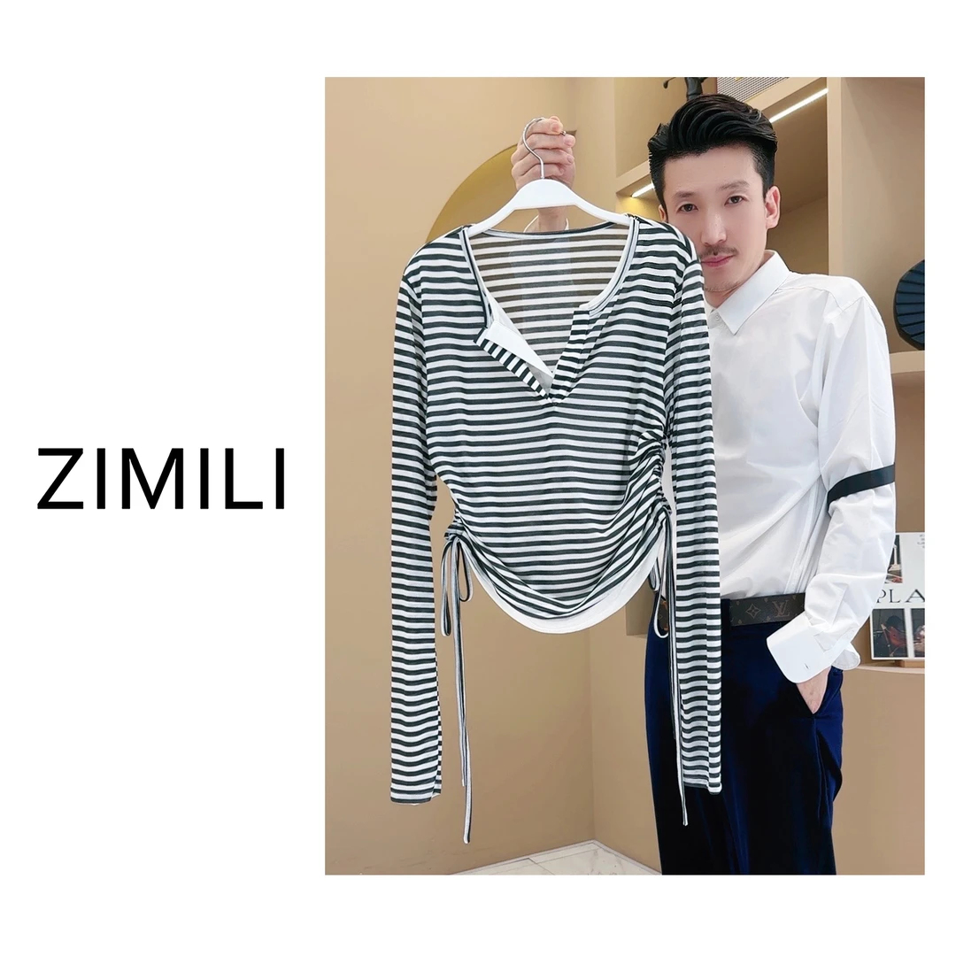 【亮哥女装】2025欧版新品黑白条纹时尚v领抽绳收腰高弹上衣3202-A2