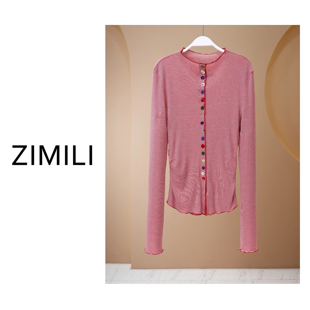 【LIANG哥女装】2025优雅《浅缀胭脂》胭脂红细条纹高弹显瘦上衣5360