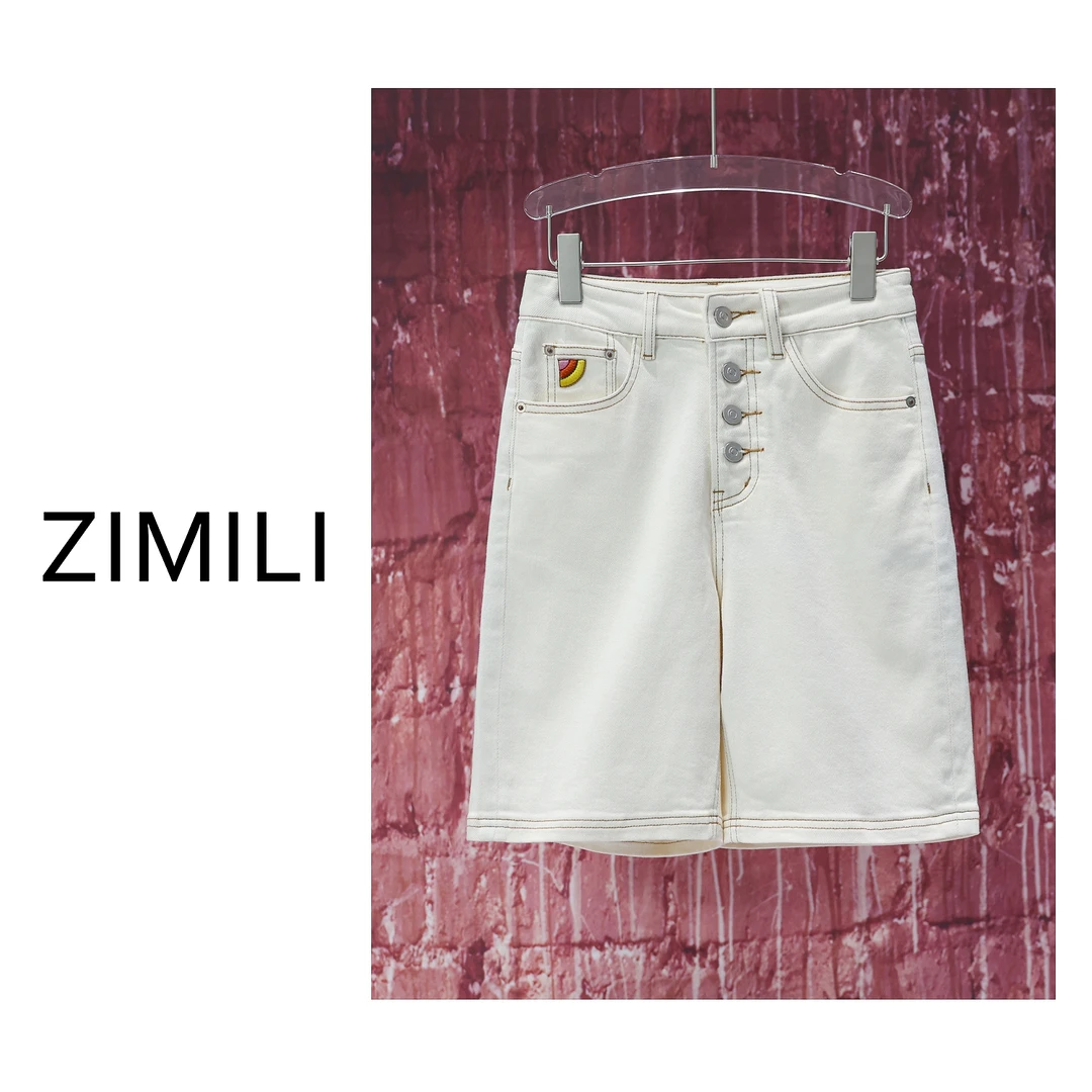 【亮哥女装】2025欧版轻薄透气亲肤米白色5分阔腿牛仔短裤2921