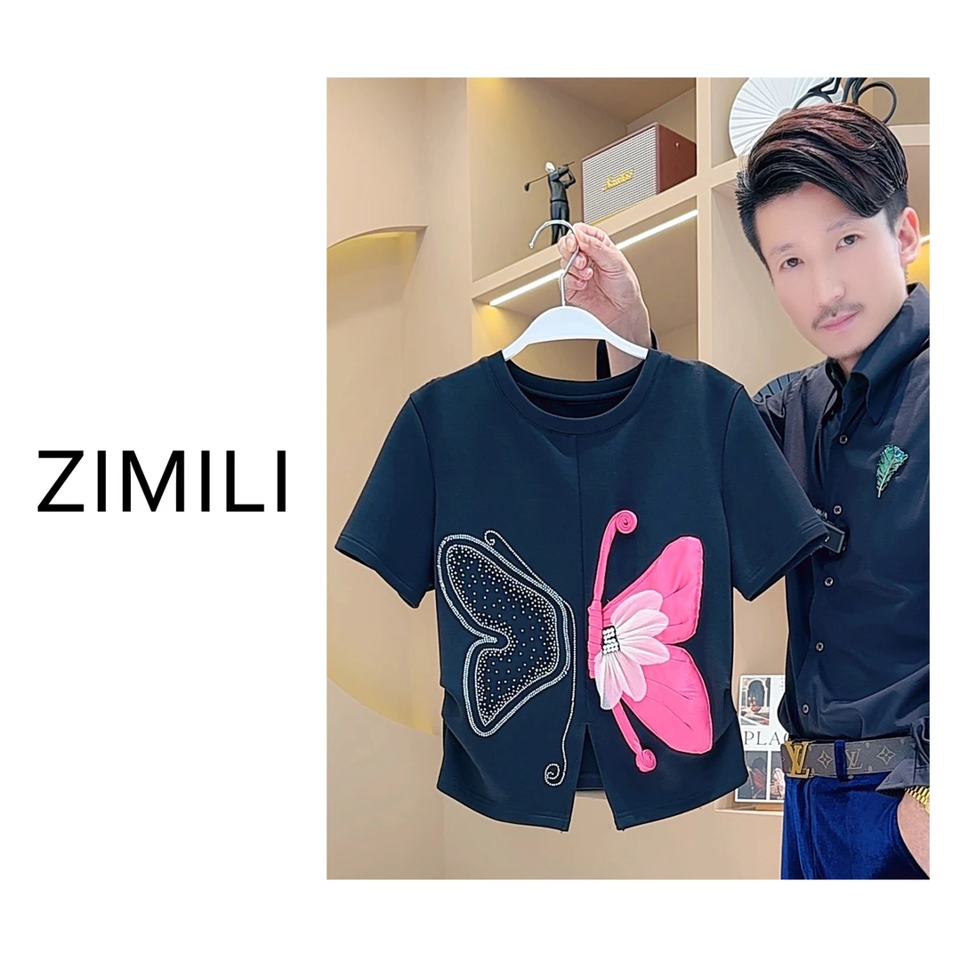 【LIANG哥女装】2025夏季莱赛尔天丝黑色冰凉感烫钻刺绣短袖3708