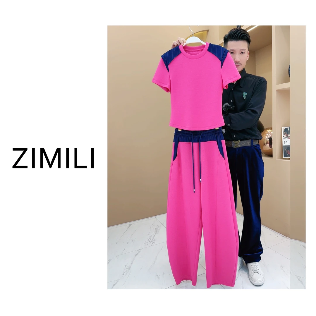 【LIANG哥女装】2024秋季潮流气质修身简约洋红色短款拼接套装3321