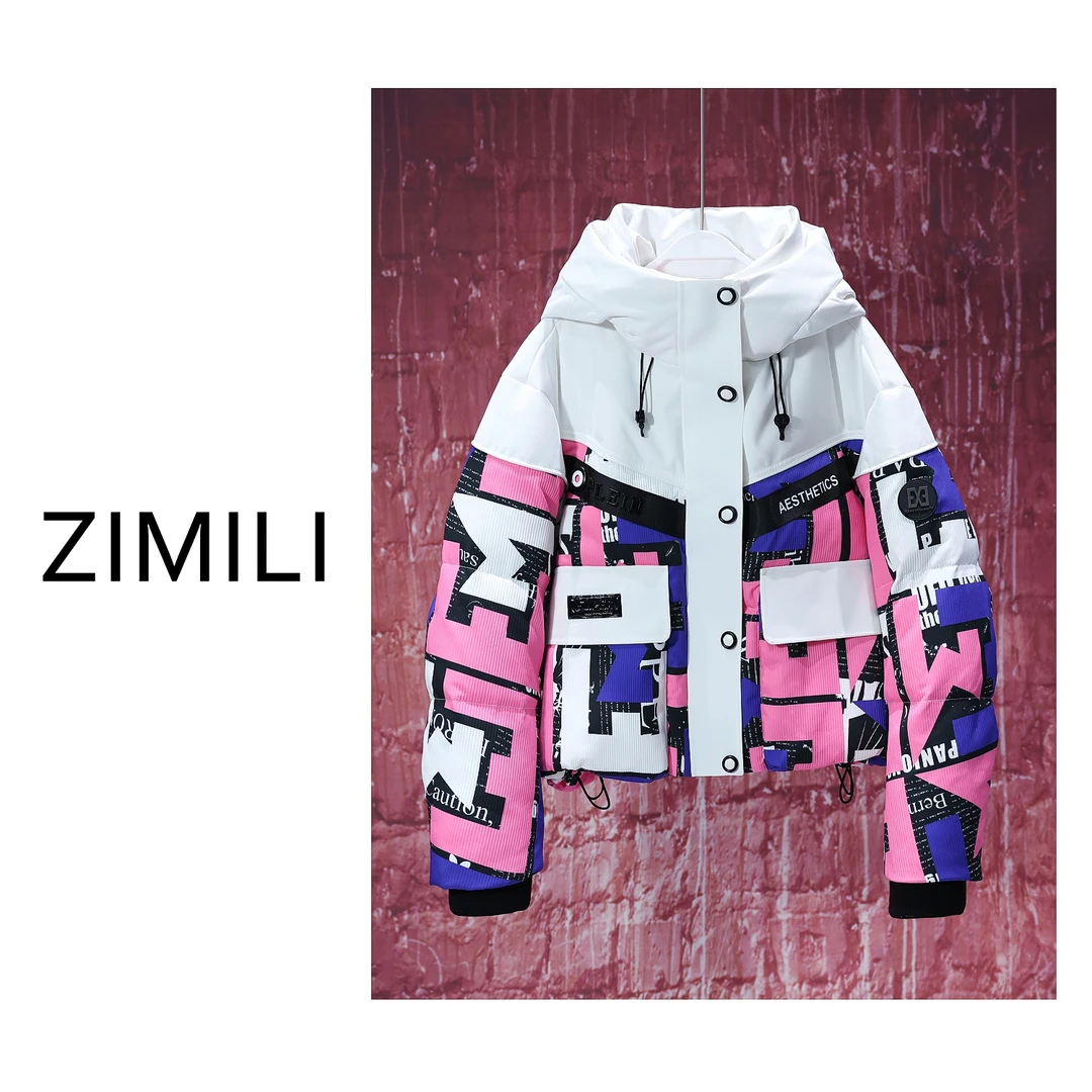 【LIANG哥女装】2024冬季设计师欧货粉紫印花连帽加厚羽绒服25735