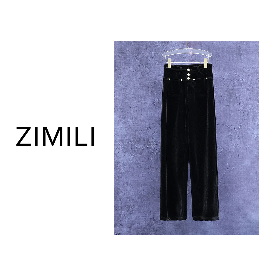 【亮哥女装】欧版黑色丝绒高腰显瘦阔腿垂坠感直筒百搭长裤/2029