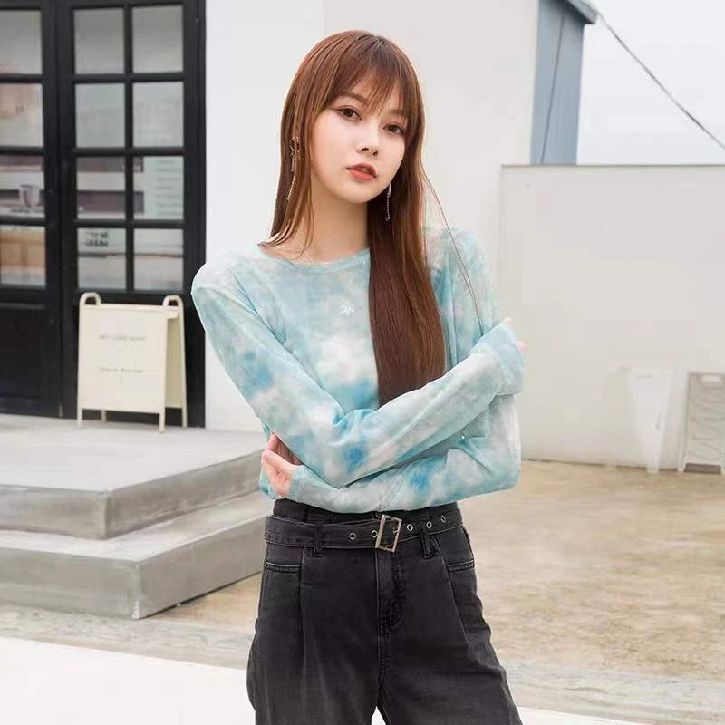 【杨老师优选】新款扎染印花上衣女长袖网纱t恤轻薄透气瑜伽罩衫