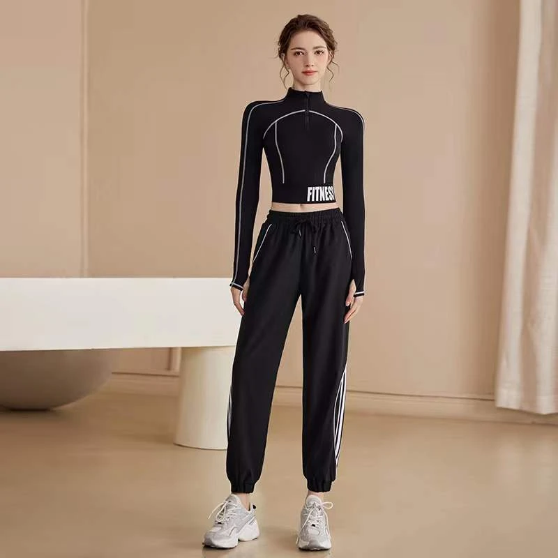 新款运动健身服女跑步运动长袖宽松束脚长裤专业瑜伽服套装