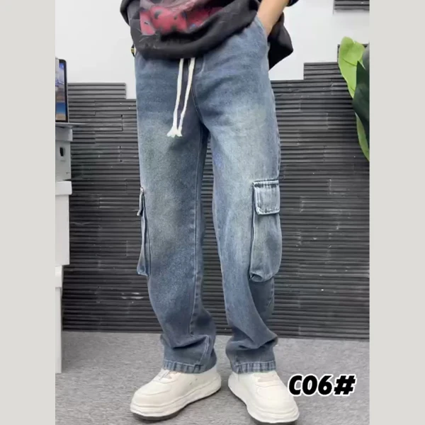 C06-男士秋款美式牛仔裤直筒休闲水洗做旧工装大口袋高街宽松长裤