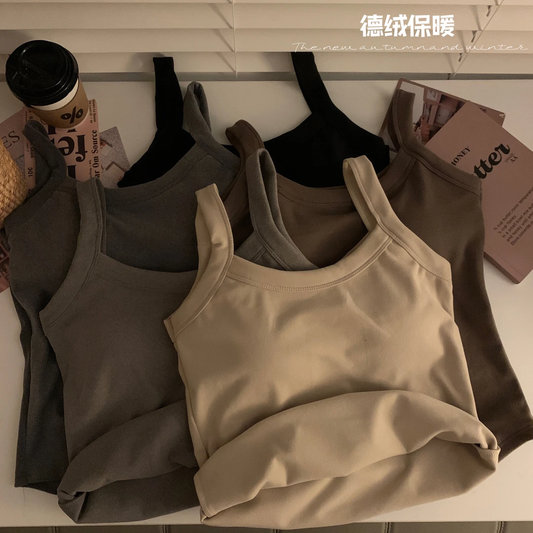 韩版德绒加绒加厚吊带背心内搭外穿带胸垫秋冬保暖打底吊带上衣女