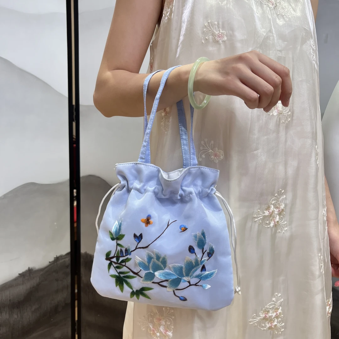 玉兰花包包 苏绣刺绣女简约包包中国风柔软古风单肩斜跨百搭抽绳