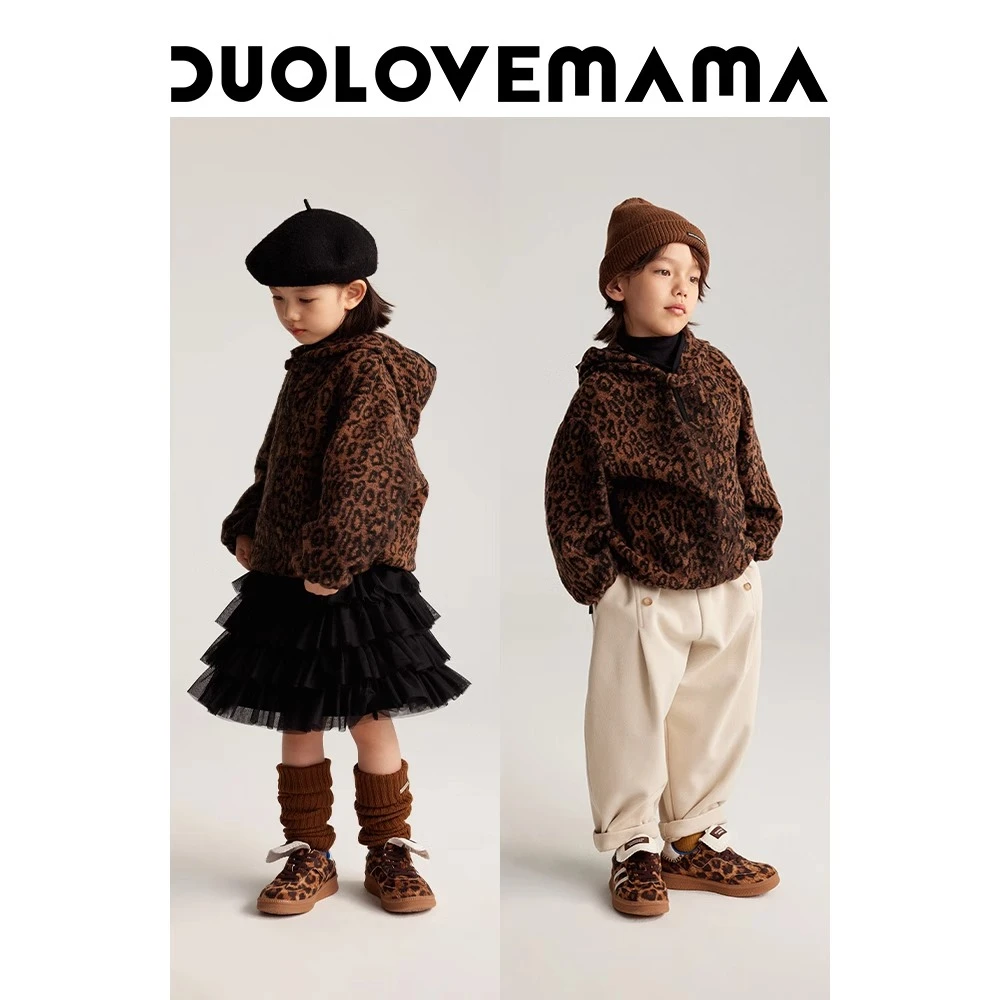 DUOLOVEMAMA 豹纹盘扣儿童连帽卫衣时髦宽松男女童春秋休闲外套B